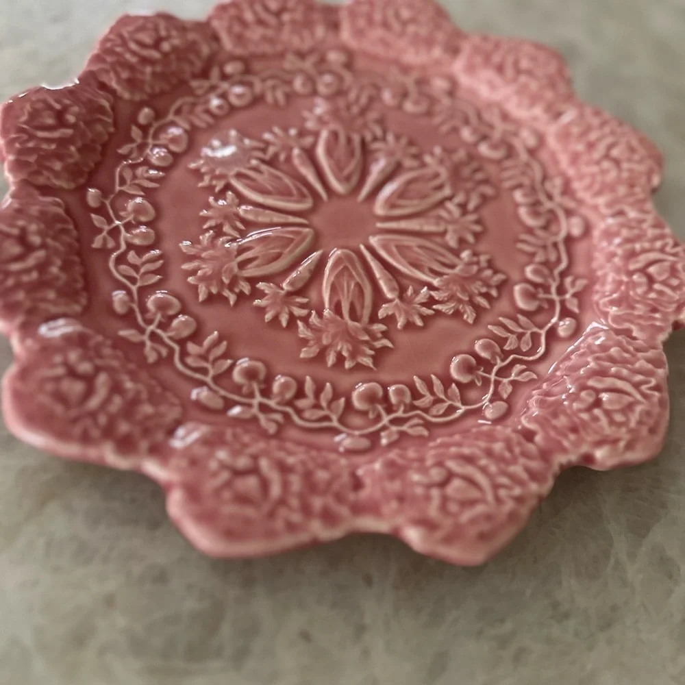 Pink Ceramic Majolica Spring Motif Plate by Rafael Bordallo Pinheiro, Portugal